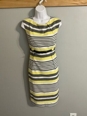 Calvin Klein Yellow, Gray and White Striped Sheath Dress with Belt Size 12